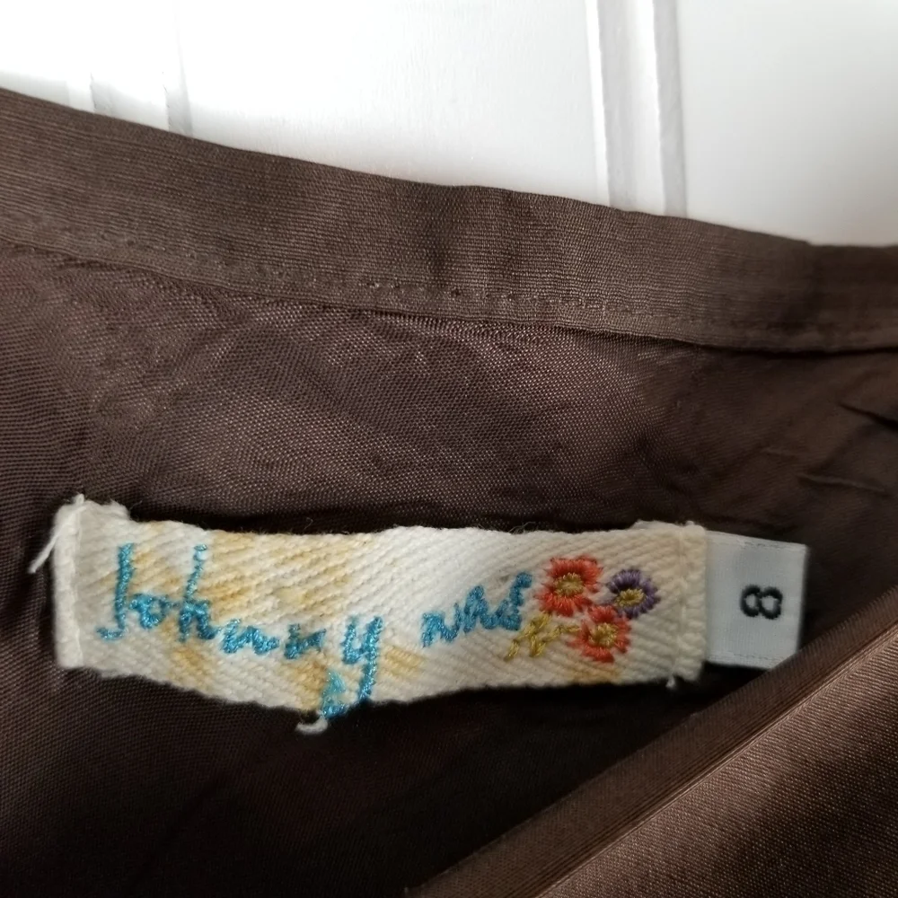 Johnny Was Silk Midi Skirt Floral Embroidery Size 8 Brown Multi Color A line